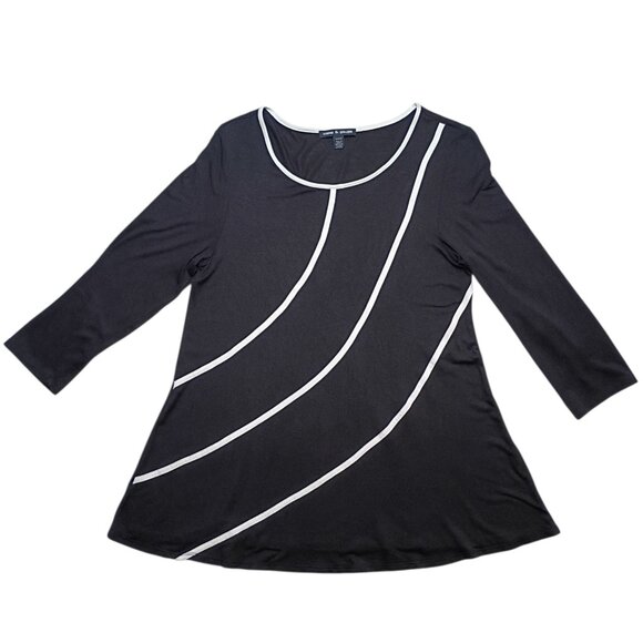 Cable & Gauge Tops - Cable & Gauge Black A-Line Tunic Top M White Trim 3/4 Sleeve Stretch Knit